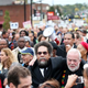 Author and activist Cornel West (center) amid protesters rallying in Ferguson, Mo., Oct. 13, 2014, in the months following the August 2014 fatal police shooting of Michael Brown. West is among a group of black activists advocating for U.S. divestment in Israel on behalf of the Palestinian people.
Scott Olson/Getty Images